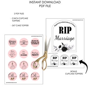 K&ouml;nnte beinhalten: Druckbarer digitaler Download von Cupcake-Toppern und einem Kuchen-Topper mit einem Grabstein mit dem Text "RIP Marriage" und schwarzen Blumen. Die Cupcake-Topper zeigen das gleiche Grabsteindesign in einer kleineren Gr&ouml;&szlig;e. Der Text "Regaining Independence & Peace" steht &uuml;ber dem Grabstein. Die Cupcake-Topper enthalten auch rosa Kreise mit dem Text "Divorce the end of an error", "I did, I'm done", "Thank you next", und "Divorced AF".