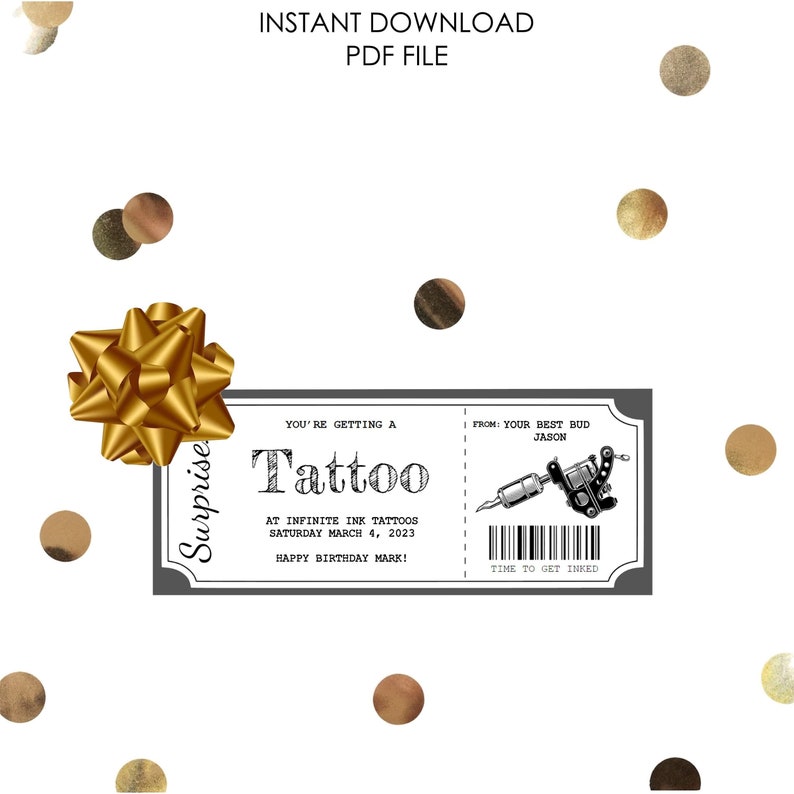 Editable tattoo voucher, minimal look, dark gray boarder, white ticket voucher, tattoo gun clip art on right side with fake barcode underneath tattoo gun.