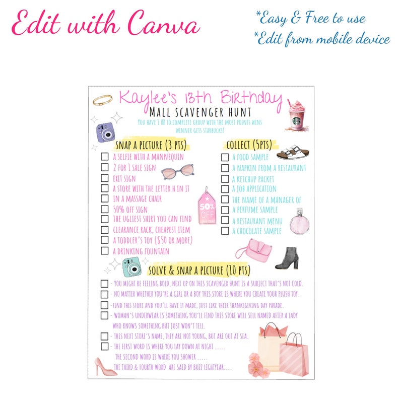 Girly Mall scavenger hunt list, Pastel pink and blue text, clip art includes: Polaroid cameras, sunglasses, fashion accessories, mall clothing, and mall shopping bags.