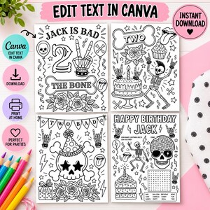 May include: Four black and white printable coloring pages featuring rock and roll birthday themes. Designs include skeletons, skulls, birthday cakes, roses, and bones with text reading Jack Is Bad, Two The Bone, Two Bad, and Happy Birthday Jack.