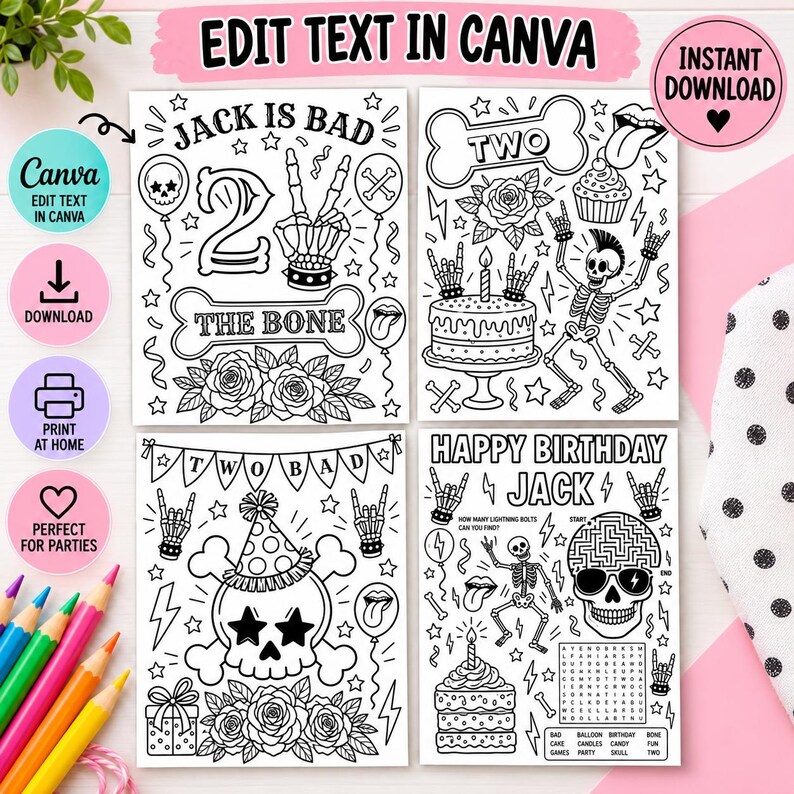 May include: Four black and white printable coloring pages featuring rock and roll birthday themes. Designs include skeletons, skulls, birthday cakes, roses, and bones with text reading Jack Is Bad, Two The Bone, Two Bad, and Happy Birthday Jack.