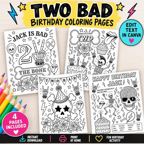 Bad two the Bone party coloring pages,  2 year old birthday activity, ready 2 rock, born two rock, Bad 2 the bone birthday party
