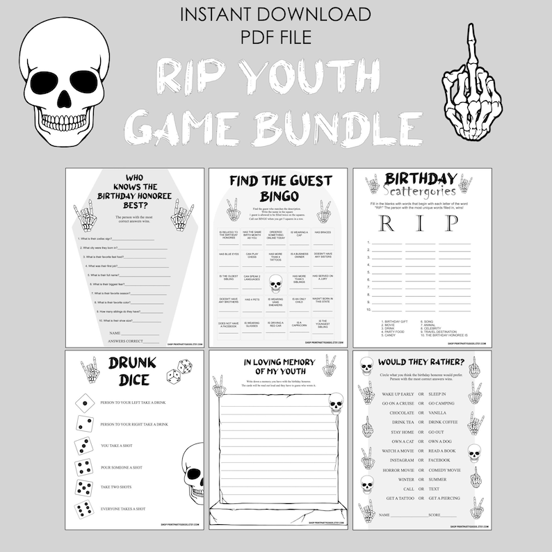 Funeral for twenties 6 piece game bundle, r.i.p 20s theme printable game, games included: who knows the birthday honoree best, find the guest bingo, birthday scattergories, drunk dice, memory with the birthday honoree, would they rather.