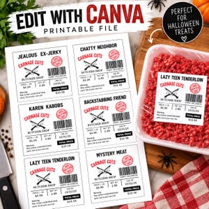 Puede incluir: Una hoja imprimible de seis etiquetas rectangulares con la marca Carnage Cuts Butcher Shop, nombres humorísticos, códigos de barras, precios y un sello de 100% Rotten sobre un fondo blanco.