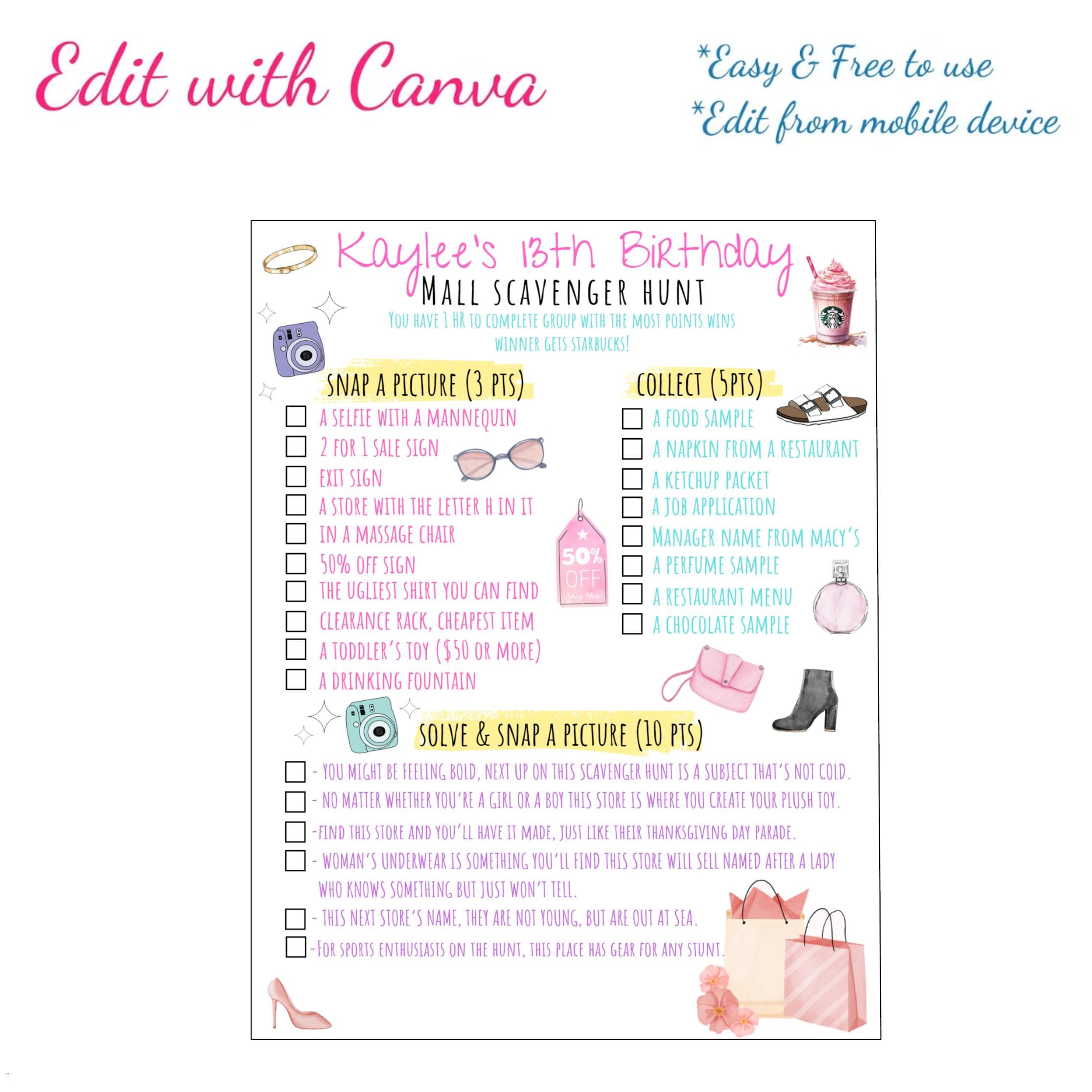 Mall scavenger hunt editable game Riddle scavenger hunt teens Mall birthday party