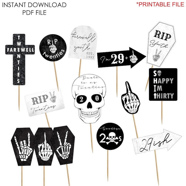 Funeral for twenties, r.i.p 20s tombstone art work, 30th birthday goth skeleton clip art Photo Booth props, printable file.