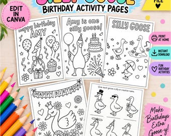 One silly Goose Birthday coloring pages, Editable Birthday Activity Sheets, Printable Silly Goose First Birthday Party Favors