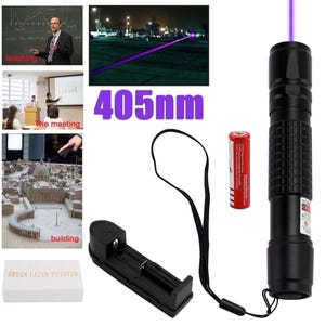 May include: A black cylindrical laser pointer emitting a purple beam, accompanied by a red rechargeable battery, a black plastic battery charger, and a black wrist lanyard. The text 405nm is displayed prominently in purple font near the device.