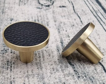 Black Leather Brass Cabinet Knosb: Modern Drawer Pull Handle
