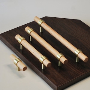 Beech Wood & Brass Cabinet Handles: Modern Drawer Pulls