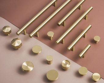 Modern Solid Brass Cabinet Knobs and Handles: Brushed Gold Furniture Cupboard Door Pulls