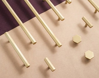 Hexagon Brass Cabinet Knobs Handles: Gold Dresser Drawer Pulls, Modern Minimalist