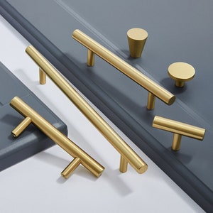 Borstade mässingsguldskåpsknoppar och T-handtag: Moderna möbelbeslag