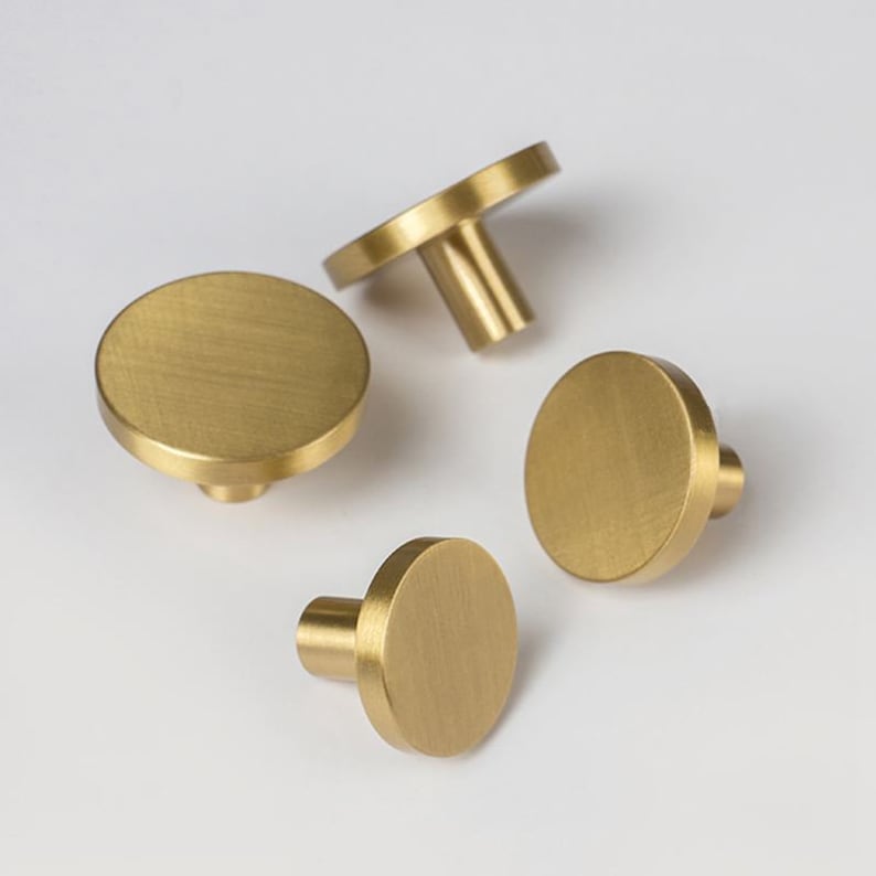 Round Brushed Brass Kitchen Knobs And Pulls Gold Etsy
