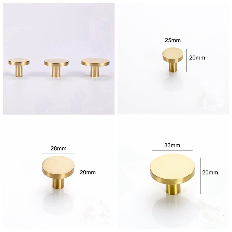 May include: Four gold-toned round cabinet knobs with a flat top and a short stem. The knobs measure 20 mm in diameter and 25 mm, 28 mm, and 33 mm in height.