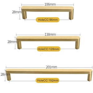 May include: Three gold cabinet pulls with different lengths. The pulls are 2.8 inches tall and have a hole center to center measurement of 3.8 inches, 5.1 inches, and 7.5 inches.