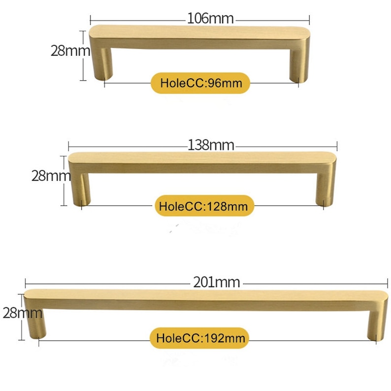 May include: Three gold cabinet pulls with different lengths. The pulls are 2.8 inches tall and have a hole center to center measurement of 3.8 inches, 5.1 inches, and 7.5 inches.
