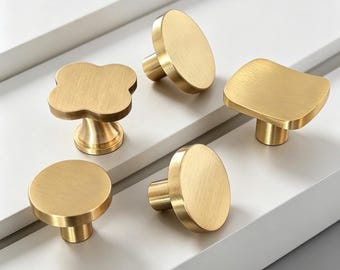 Solid Brass Clover Cabinet Knobs: Gold Drawer Dresser Pulls, Modern Hardware