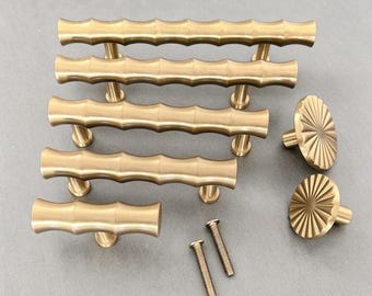 Bamboo Brass Cabinet Knobs and Handles: Brushed Gold Drawer Pulls Furniture Hardware