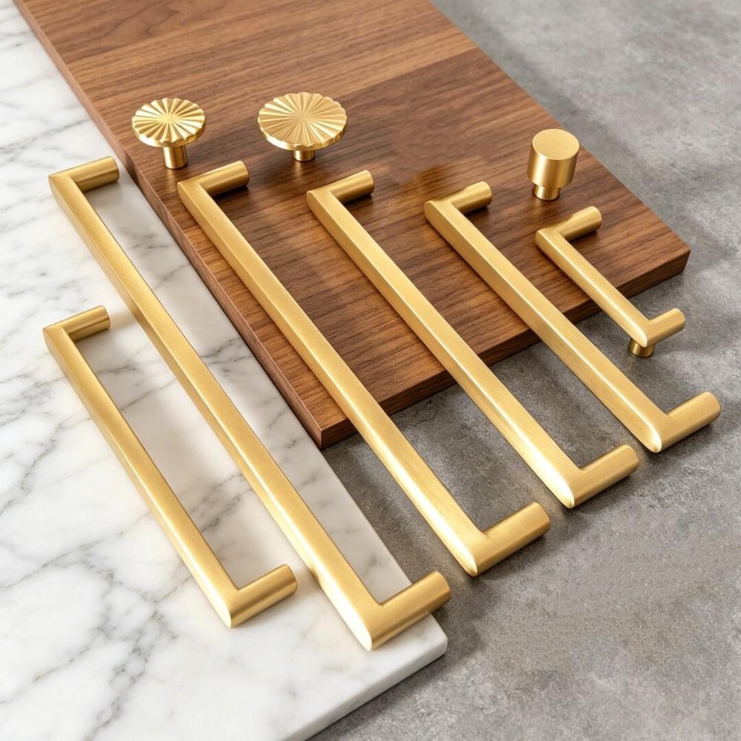 Brushed Brass Cabinet Handles: Modern Gold Kitchen Drawer Pulls & Knobs ...