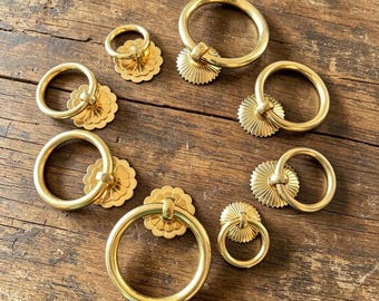 Solid Brass Ring Pulls: Gold Cabinet Knobs, Drawer Dresser Pulls - 2 Pack