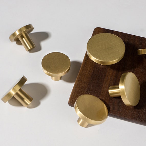 Round Brushed Brass Kitchen Knobs and Pulls Gold Etsy UK