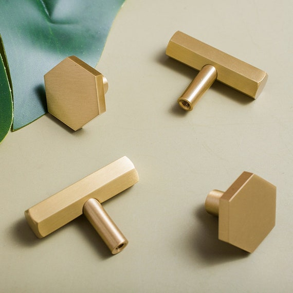 Solid Brass Hexagon Cabinet Knobs: Modern Gold Wardrobe Dresser Pulls - Etsy