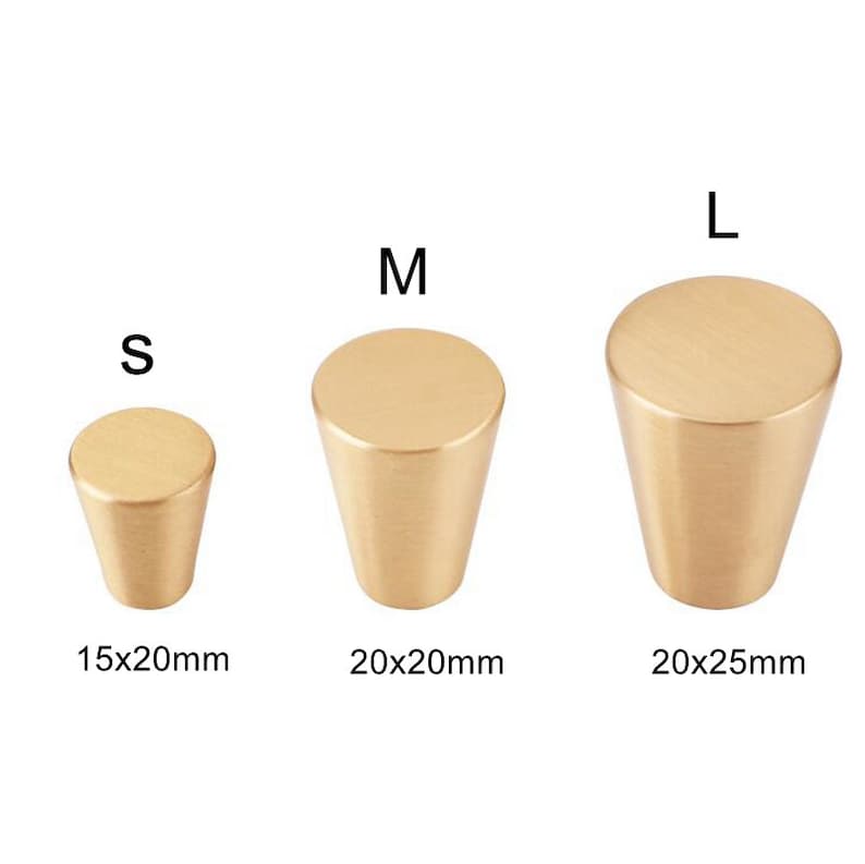 May include: Three gold-toned metal cabinet knobs in different sizes: small, medium, and large. The knobs are cone-shaped with a rounded top. The sizes are labeled S, M, and L, with measurements in millimeters: 15x20mm, 20x20mm, and 20x25mm.