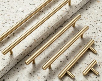 Modern Brushed Brass Cabinet Handles: Gold Drawer Pulls, Cupboard Handles