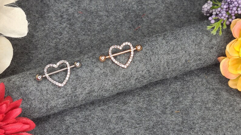 Heart Shape Steel Nipple Piercing-SilverRose Gold with Zircon Gemstones