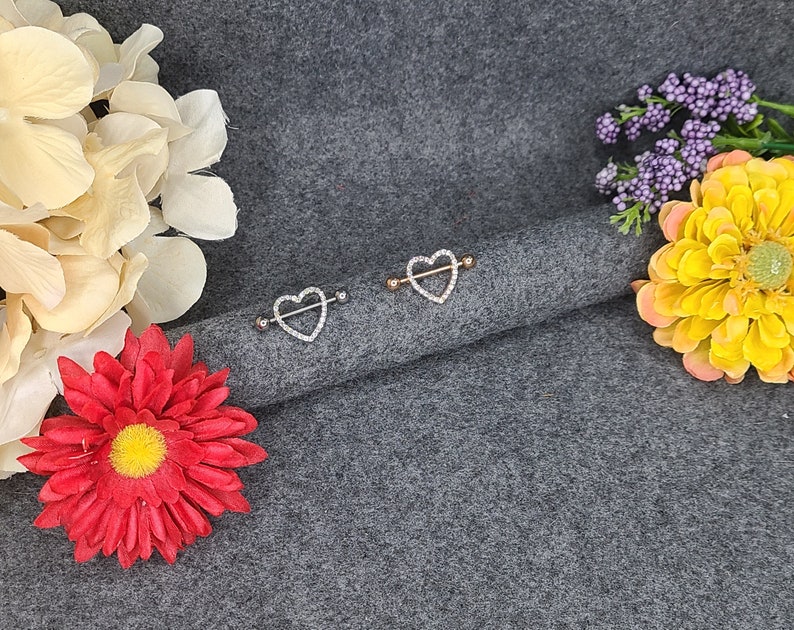 Heart Shape Steel Nipple Piercing-SilverRose Gold with Zircon Gemstones