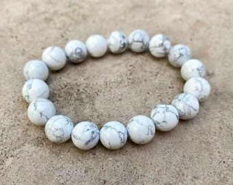 Pulsera de howlita blanca, pulsera curativa, pulsera de cuentas de piedra, pulsera elástica, pulsera de piedras preciosas crudas, pulsera de piedra natural hecha a mano