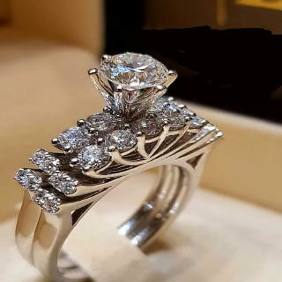 14K Yellow Gold Finish Diamond Bridal Engagement Ring Round Wedding Set 925 Sterling Silver