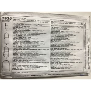 May include: A sewing pattern for patchwork quilting bags. The pattern includes instructions for four different bag sizes, with measurements in inches. The pattern also includes a list of materials needed, such as cotton fabric, canvas, and linen.