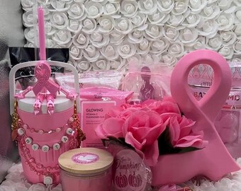 Strength in Pink  15-Piece Breast Cancer Support Gift Basket | Personalized Ribbon Fake Flower Pot N 12oz Soda Can Koozie
