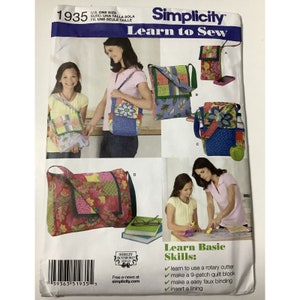 May include: Simplicity Learn to Sew pattern number 1935. The pattern includes instructions for making four different bags. The bags are all made from colorful fabrics and feature different designs. The pattern also includes instructions for learning basic sewing skills, such as using a rotary cutter, making a 9-patch quilt block, and inserting a lining.