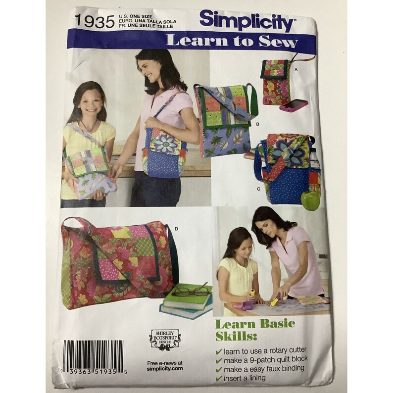 May include: Simplicity Learn to Sew pattern number 1935. The pattern includes instructions for making four different bags. The bags are all made from colourful fabrics and feature different designs. The pattern also includes instructions for learning basic sewing skills, such as using a rotary cutter, making a 9-patch quilt block, and inserting a lining.