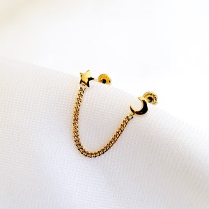 Dainty Chain Star And Moon Shaped Stud Earrings 10k Solid Gold, Upper Lobe and Cartilage Piercing, Screw Back Studs Earrings, Celestial