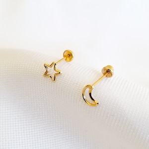 10k Solid Gold Tiny Star and Moon Sillouette Stud Earrings, Upper Lobe and Cartilage Piercing, Stacked Stud Designs, Celestial Accessories