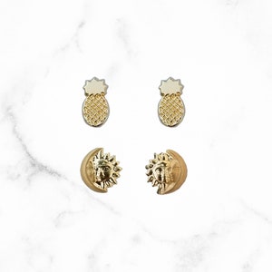 10k Solid Gold Tiny Pineapple plus Sun and Moon Stud Earrings Set, Upper Lobe, Cartilage Piercing, Stacked Studs Earrings Dainty Lightweight