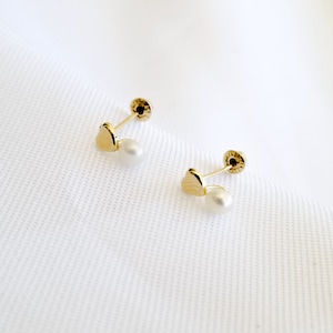10k Solid Gold Tiny Heart and Pearl Stud Earrings, Upper Lobe and Cartilage Piercing, Create Stacked Stud Designs, Lightweight Everyday