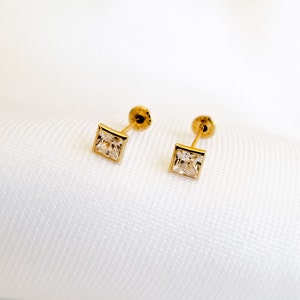 10k Solid Gold Tiny Bezel Square Shaped Cubic Zirconia 3 mm Stud Earrings, Upper Lobe and Cartilage Piercing, Create Stacked Stud Designs