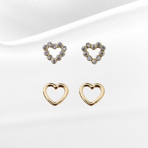 10k Solid Gold Tiny Cubic Zirconia Heart Silhouette and and Heart Silhouette Stud Earrings Set, Upper Lobe and Cartilage Piercing