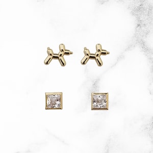 10k Solid Gold Tiny Balloon Dog and Square Shaped Cubic Zirconia Besel 3mm Stud Earrings Set, Upper Lobe, Cartilage