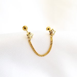 Dainty Chain Double Star Shaped Stud Earrings 10k Solid Gold, Upper Lobe and Cartilage Piercing, Screw Back Studs Earrings, CelestialJewelry