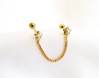 Dainty Chain Double Star Shaped Stud Earrings 10k Solid Gold, Upper Lobe and Cartilage Piercing, Screw Back Studs Earrings, CelestialJewelry