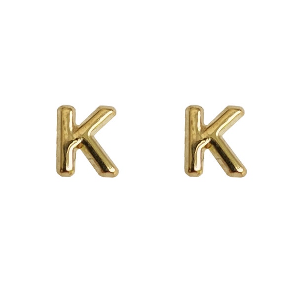 Tiny Initial "K", 10K Solid Gold Screw Back Studs. Minimal and Dainty, Upper Lobe and Cartilage Piercing, Create Stacked Stud Designs