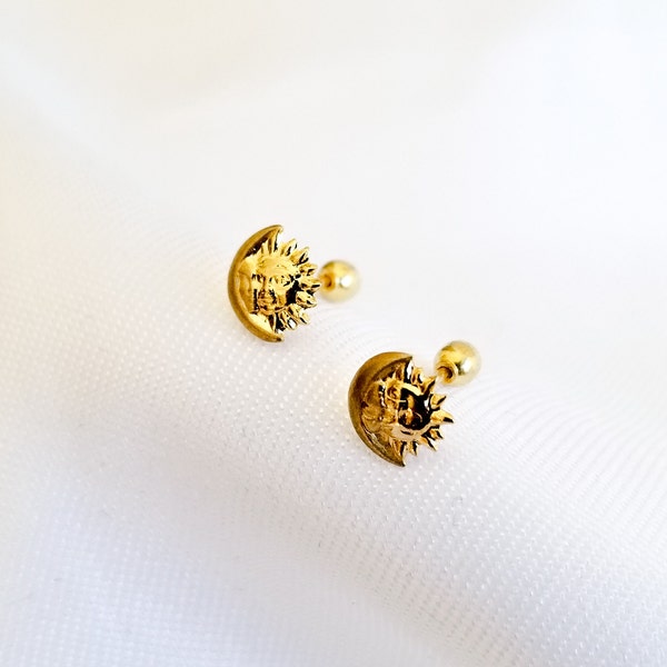 10k Solid Gold Tiny Sun and Moon Stud Earrings, Upper Lobe and Cartilage Piercing, Create Stacked Stud Designs, Celestial Accessories