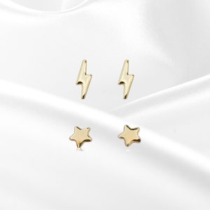 10k Solid Gold Tiny Lightning and Star Stud Earrings Set, Upper Lobe, Cartilage Piercing, Create Stacked Stud Designs, Lightweight Everyday