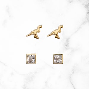 10k Solid Gold Tiny Dinosaur and Square Shaped Cubic Zirconia Besel 3mm Stud Earrings Set, UpperLobe, Cartilage Piercing,Screw Back Earrings